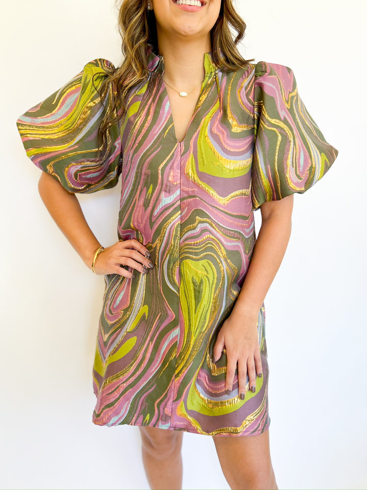 Abstract Swirl Puff Sleeve Dress