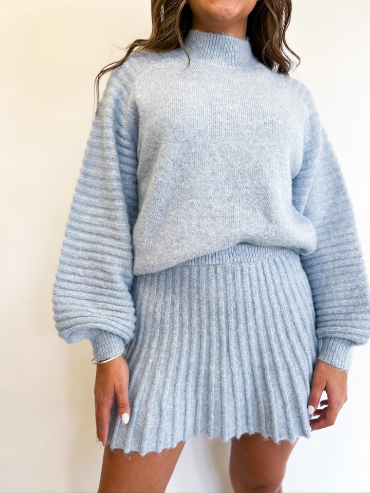 Blue Gabrielle Balloon Sleeve Knit Sweater Skirt Set