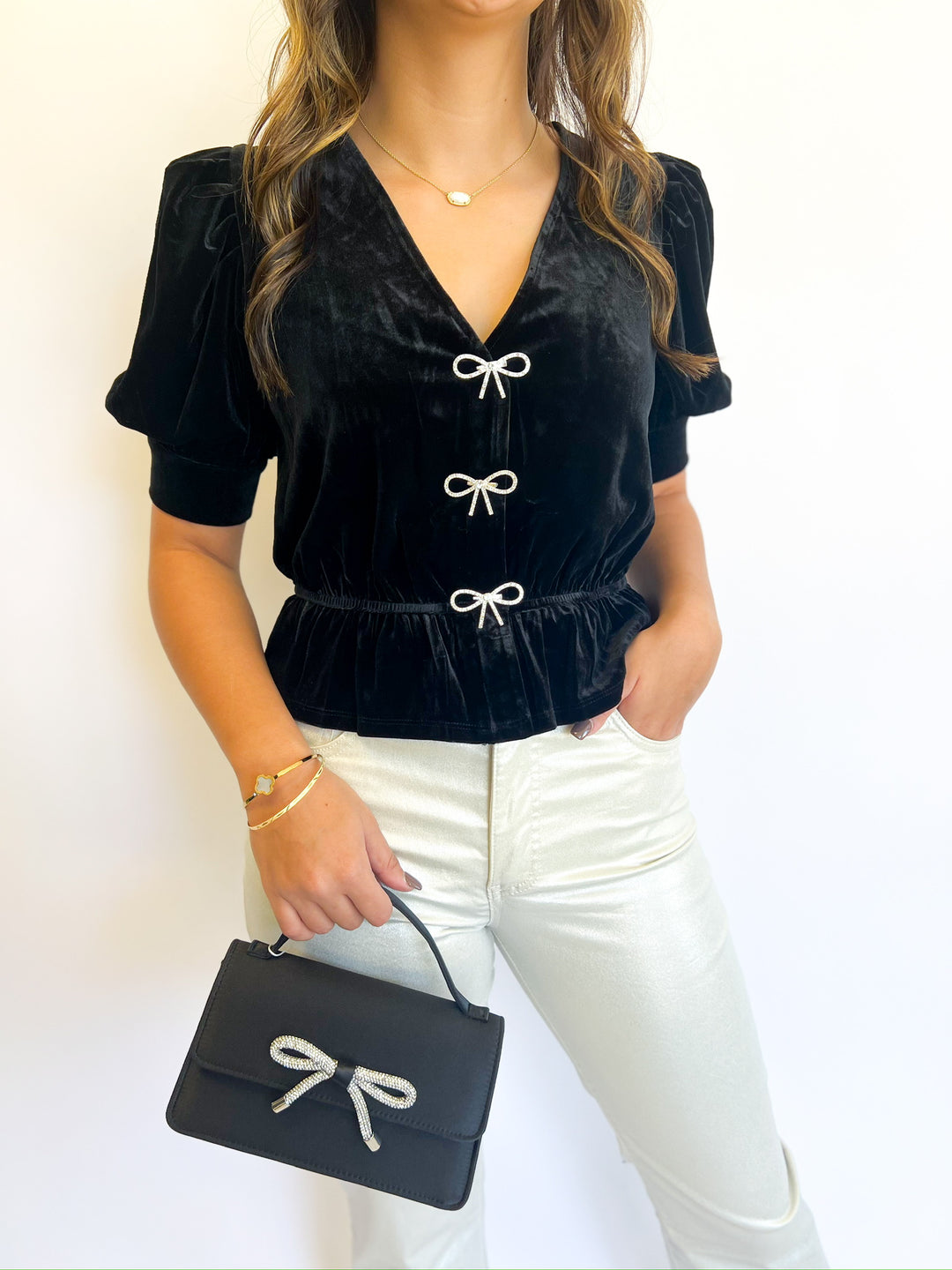 Eline Black Rhinestone Bow Top