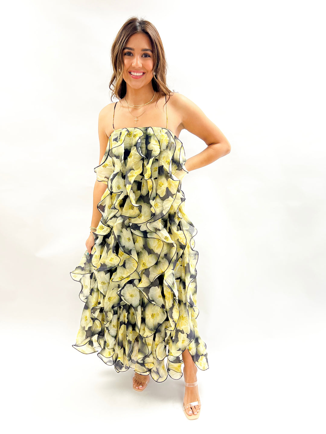 Black Multi Ruffled Midi Dress