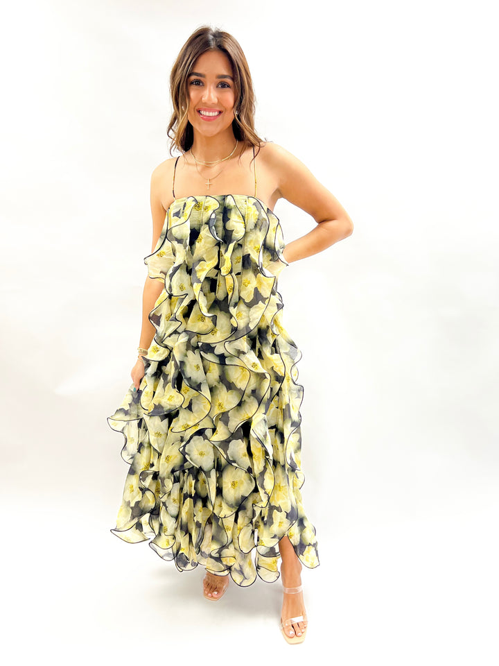 Black Multi Ruffled Midi Dress