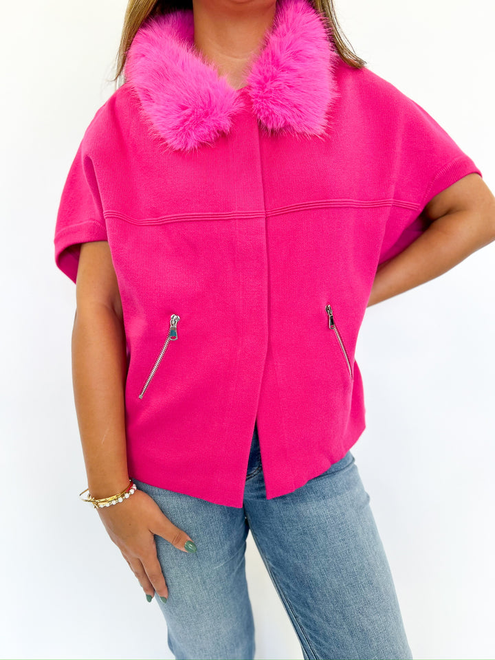 Hot Pink Faux Fur Trim Cardigan