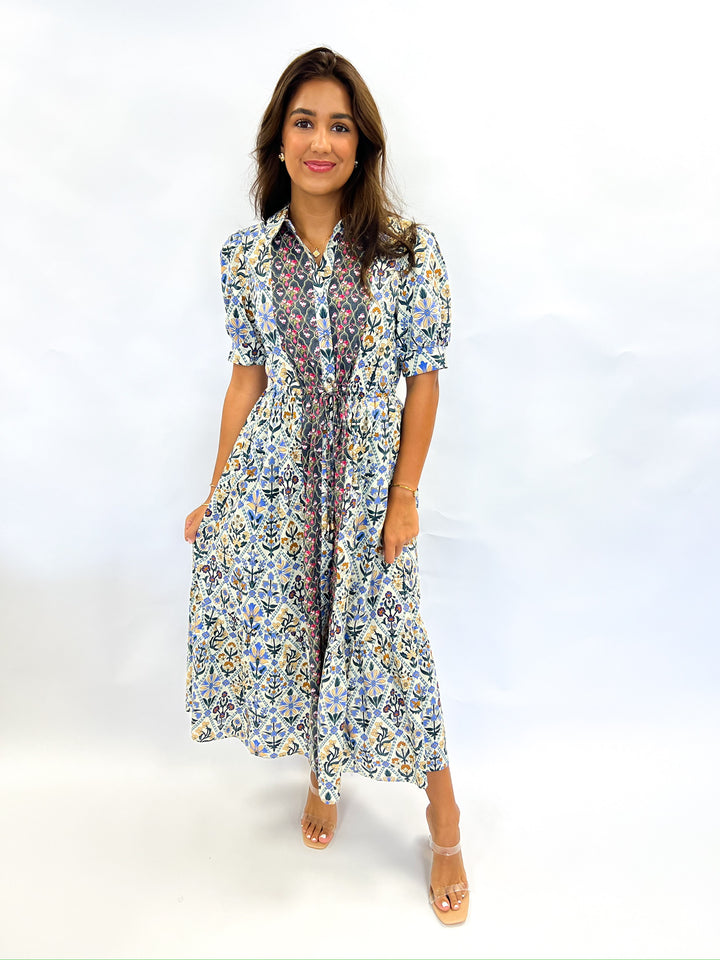 Mixed Charcoal Blue Print Midi Dress