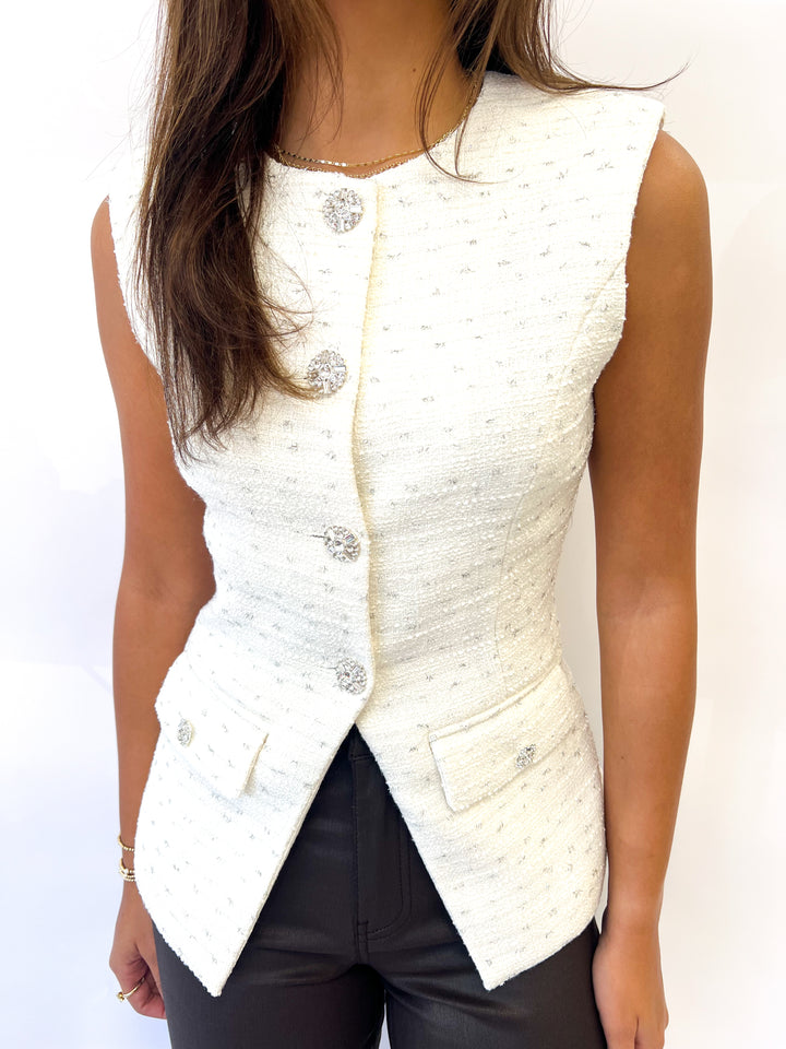 Cream Jeweled Buttoned Tweed Vest