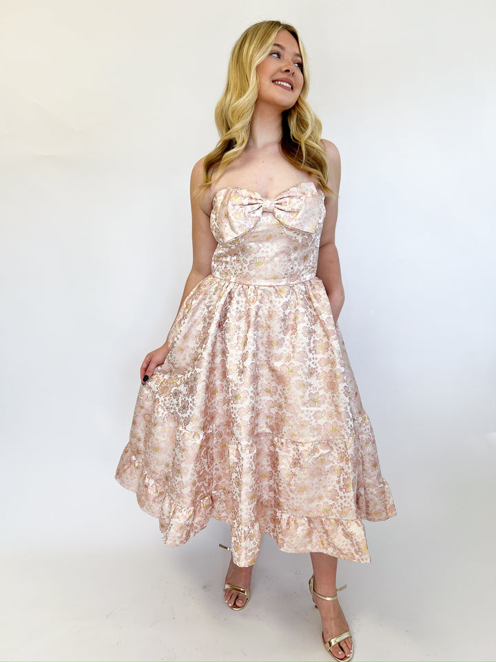 Blush Glitter Bow Jaquard Midi Dress