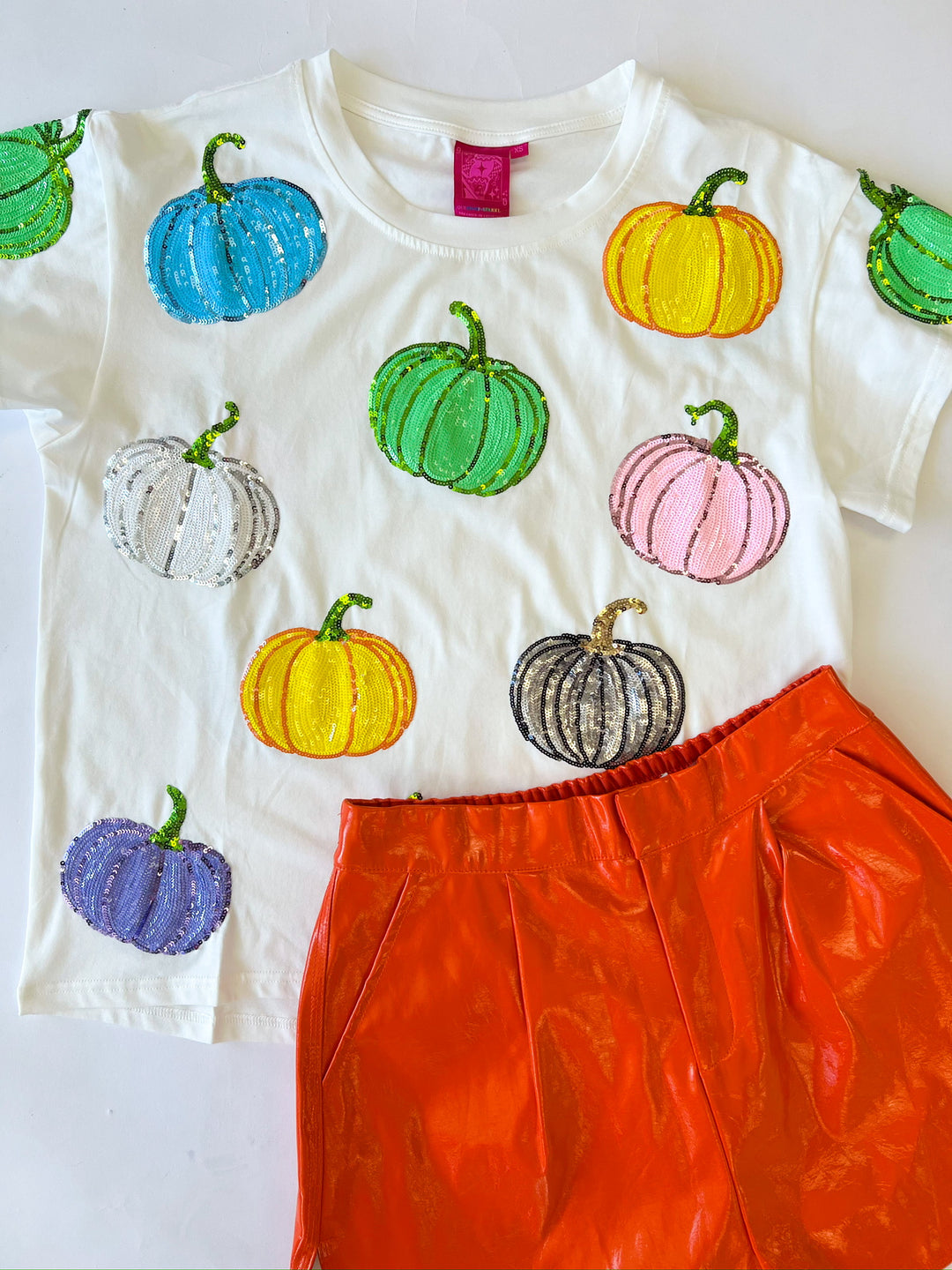 White Multi-Colored Sequin Pumpkin Tee