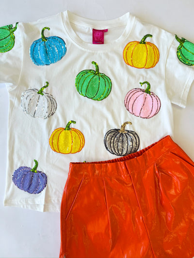 White Multi-Colored Sequin Pumpkin Tee