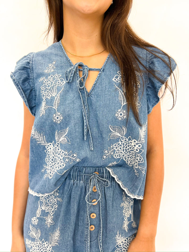 Washed Denim Embroidered Set