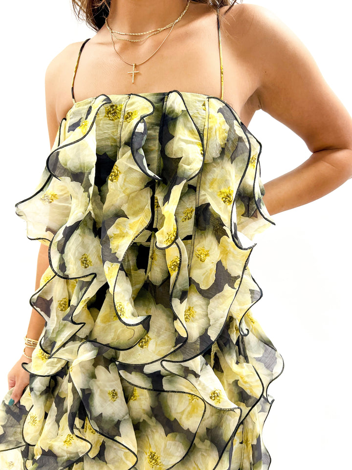 Black Multi Ruffled Midi Dress