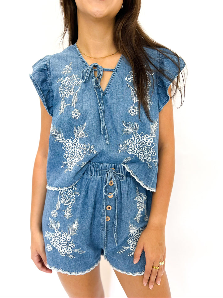 Washed Denim Embroidered Set
