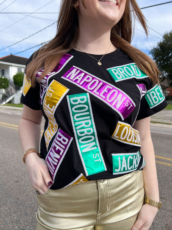 Black Metallic Nola Street Sign Tee