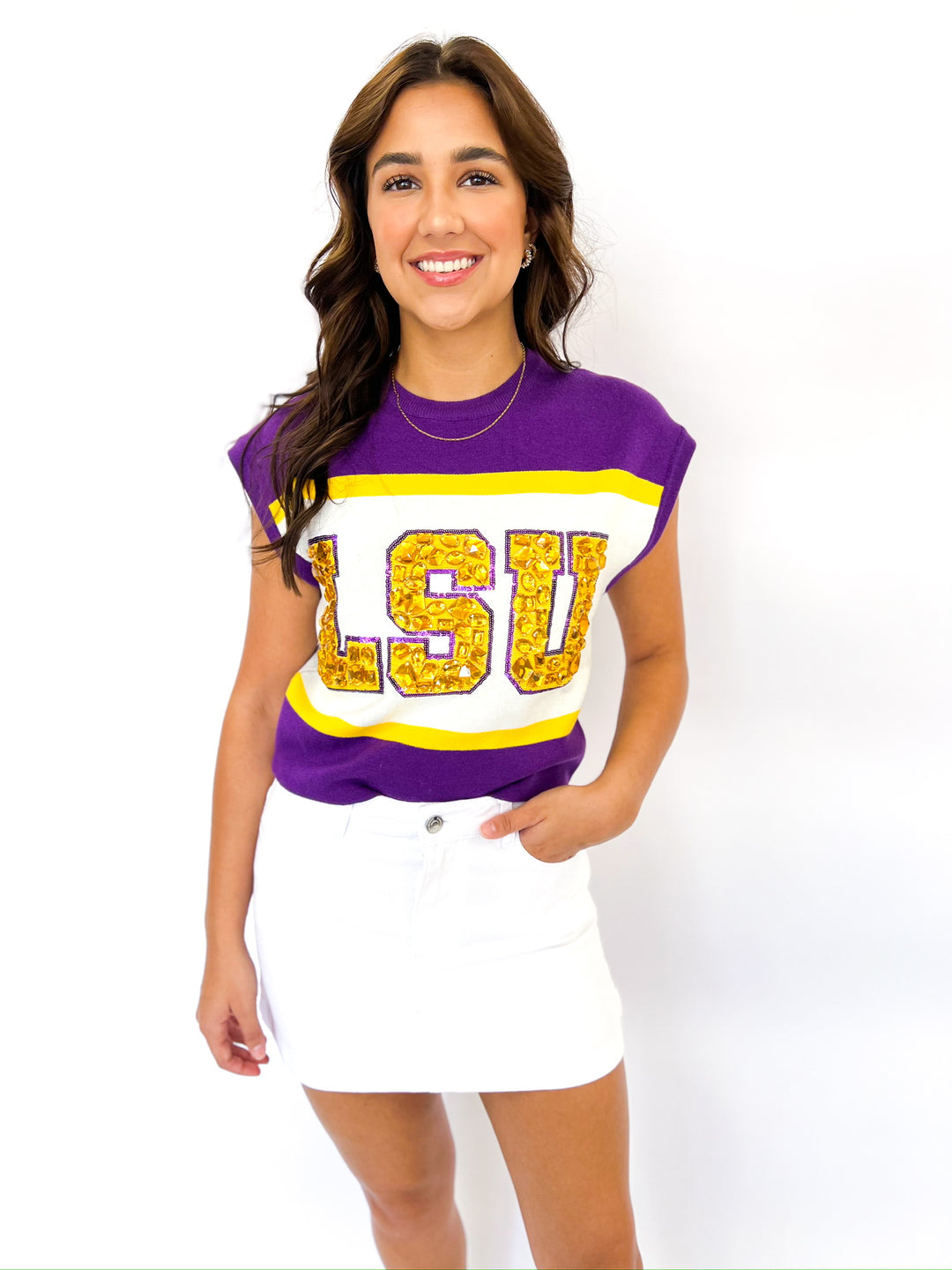 LSU Colorblock Jewel Short Sleeve Sweater