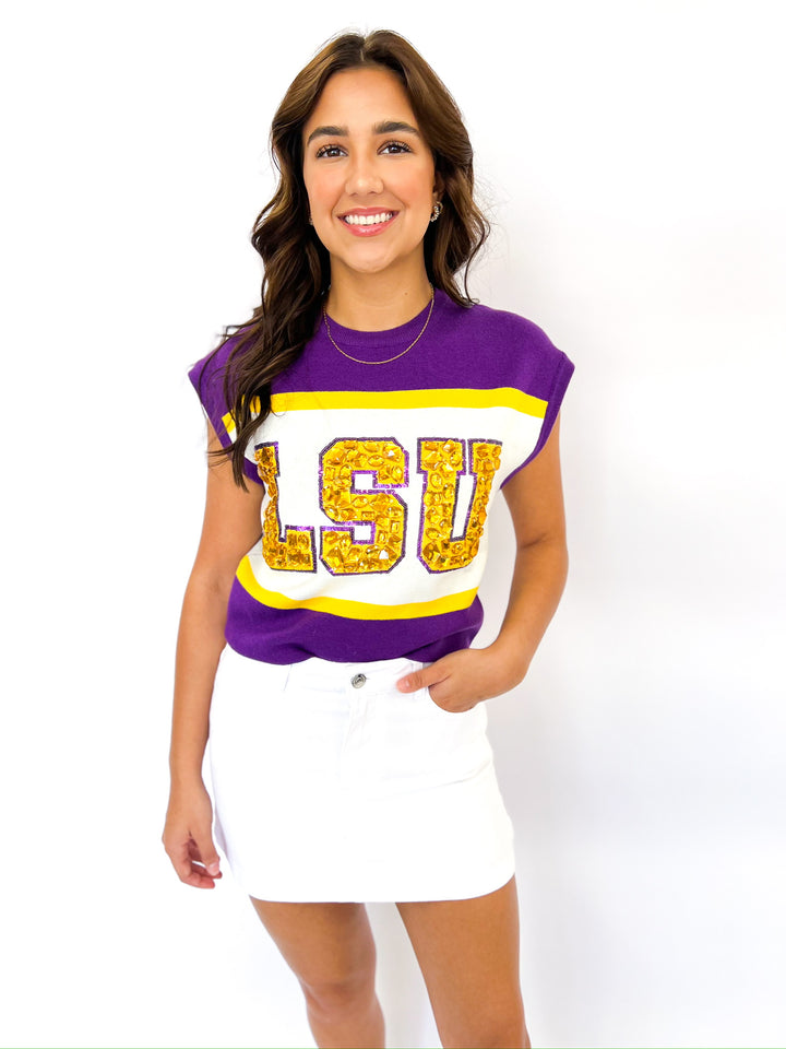 LSU Colorblock Jewel Short Sleeve Sweater