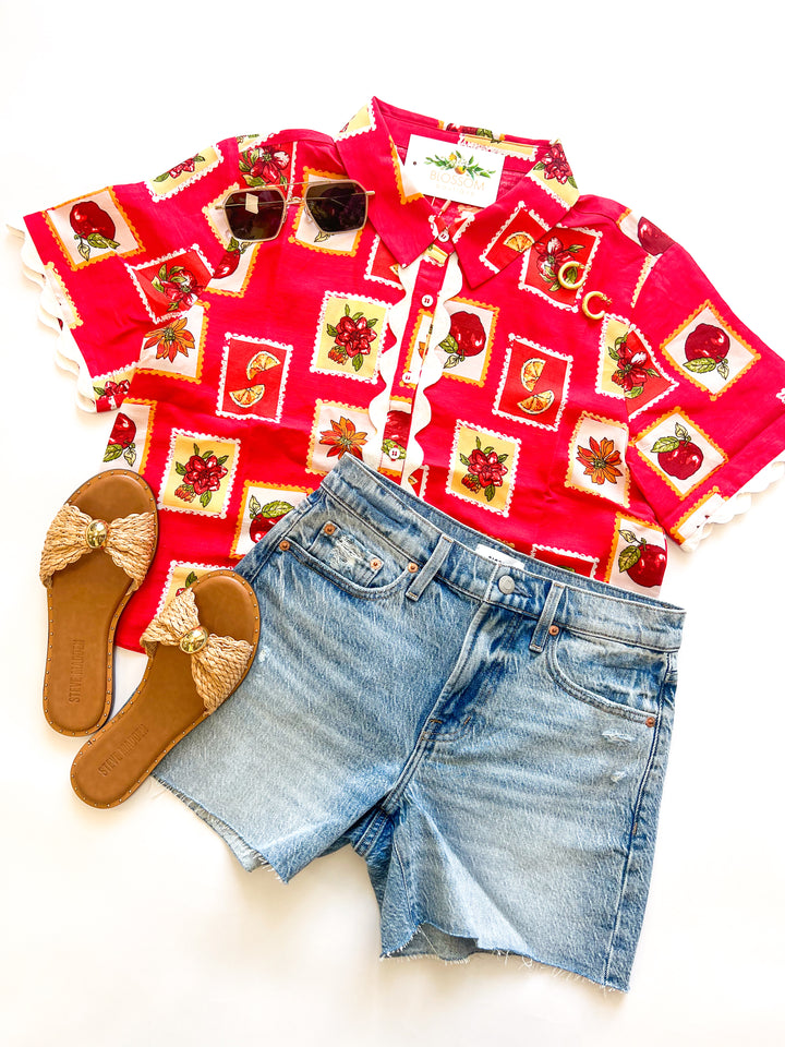 Red Multi Linen Button Top