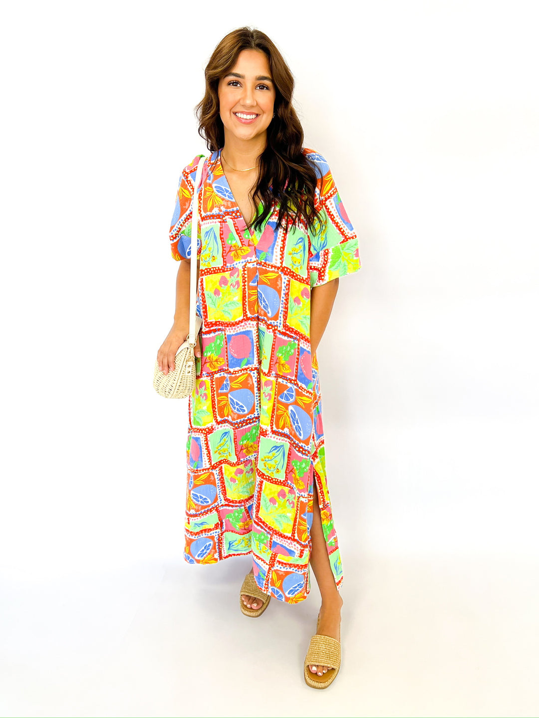 Fruit Gauze Vneck Maxi Dress