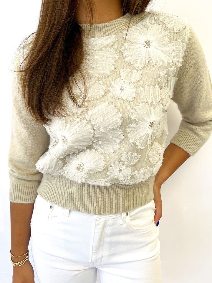 Beige Elegance Flower Sweater Top