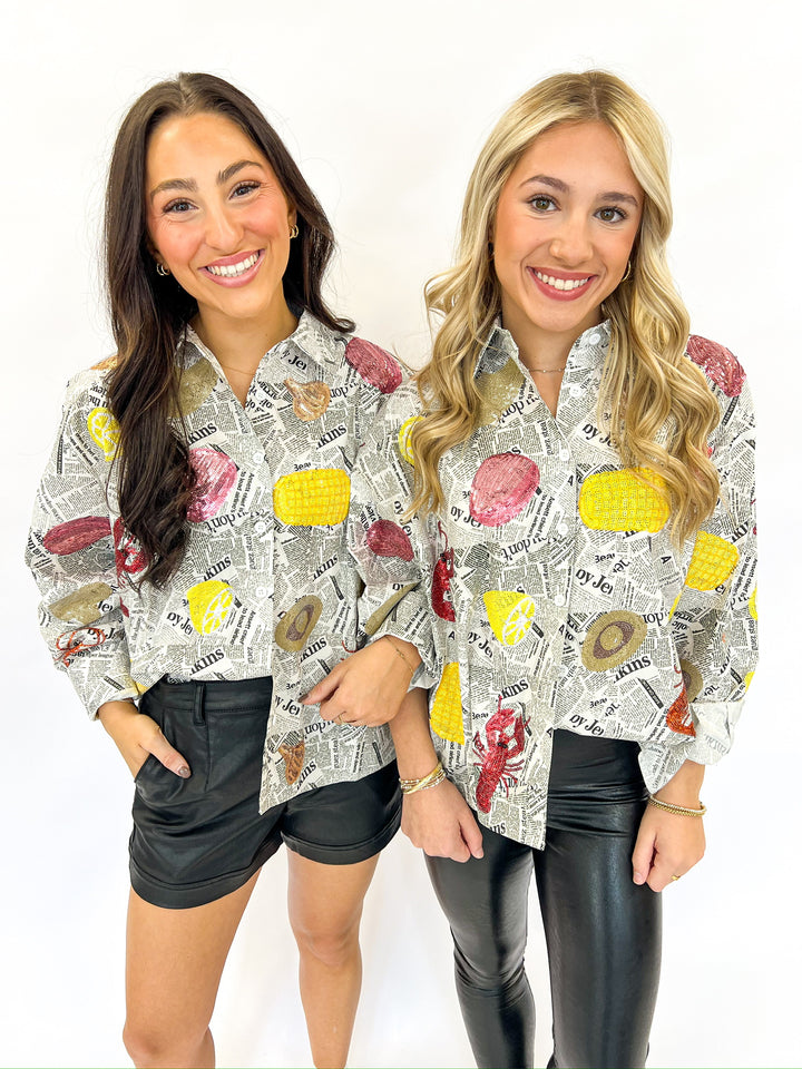 Seafood Newspaper Button Up Top