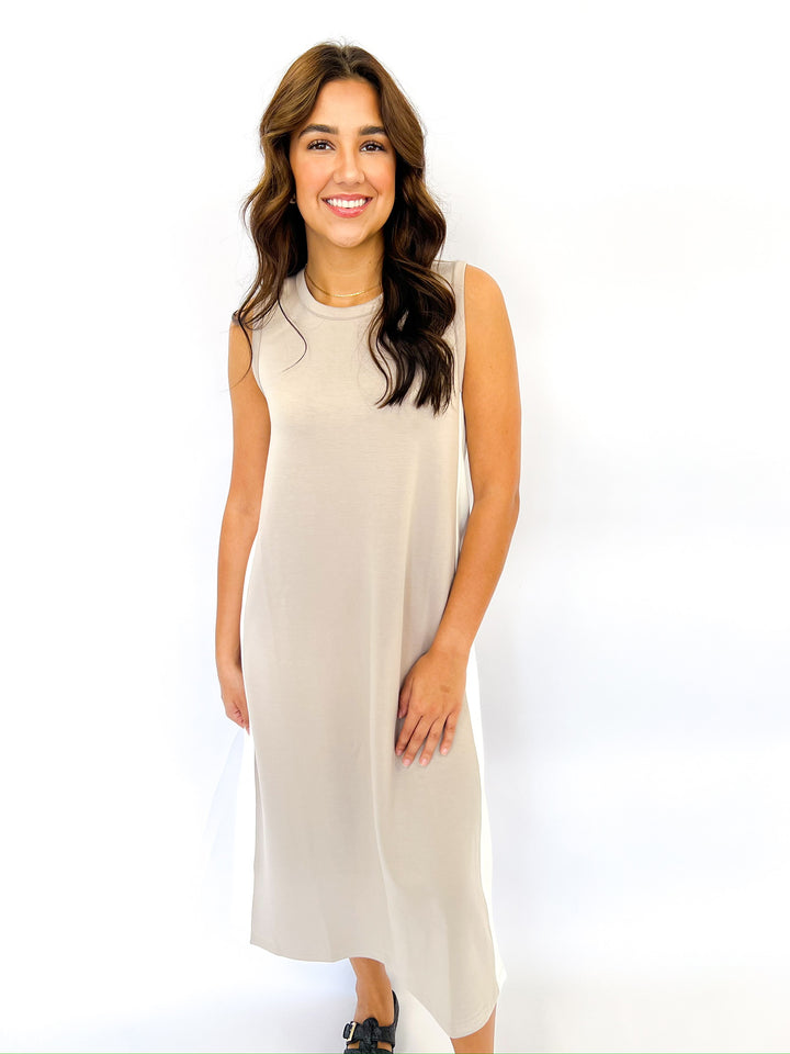 Taupe Modal Sleeveless Stripe Midi Dress