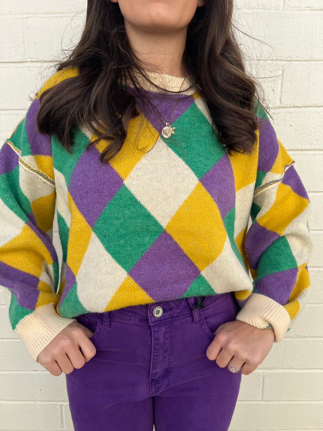 Mardi Gras Diamond Pattern Sweater Top