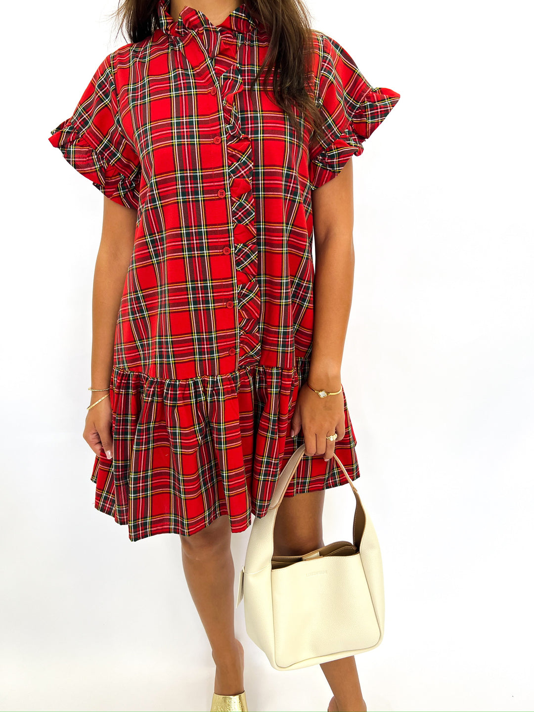 Traditional Red Plaid Ruffle Dress