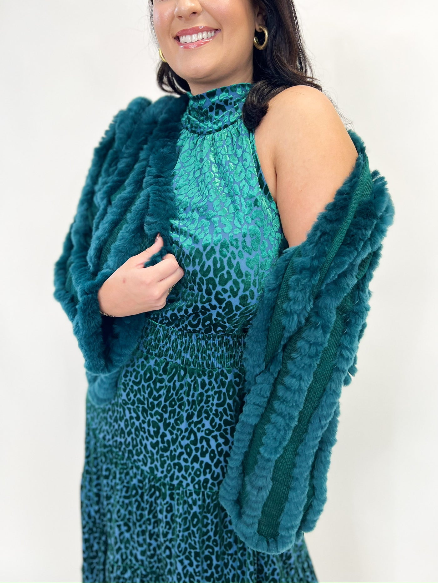 Teal Leopard Print Velvet Midi Dress