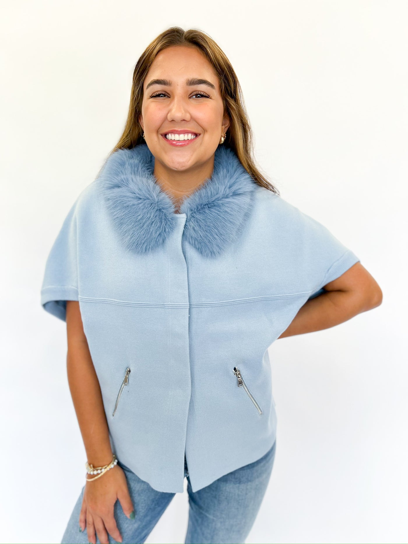 Baby Blue Faux Fur Trim Cardigan