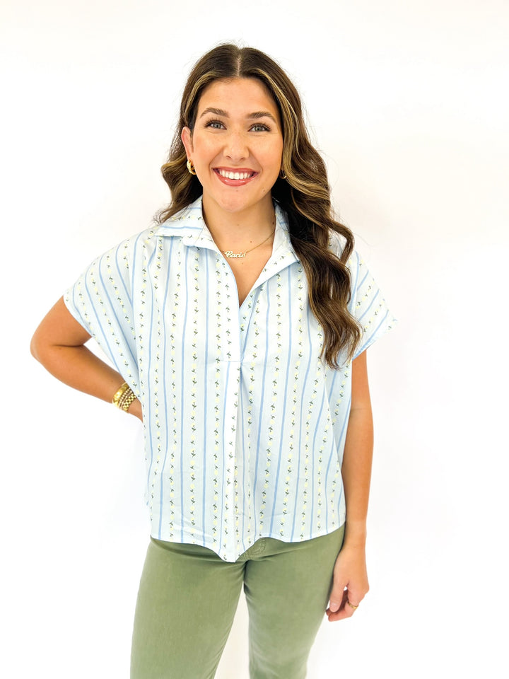 Blue Floral RIbbon Collar Top