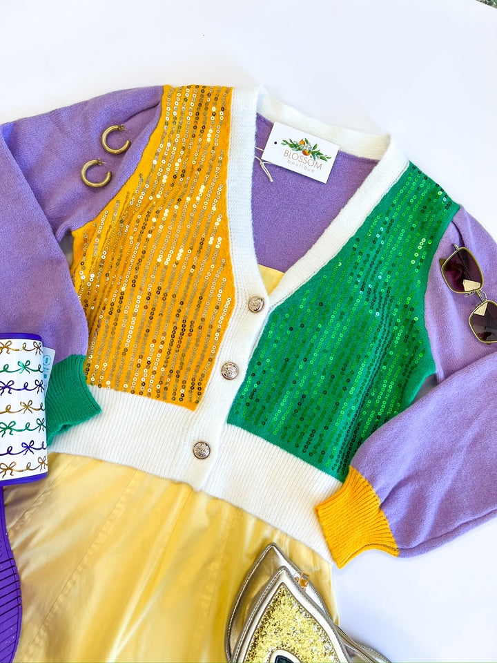 Mardi Gras Color Block Sequin Cardigan