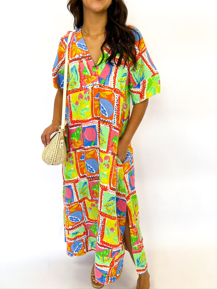 Fruit Gauze Vneck Maxi Dress