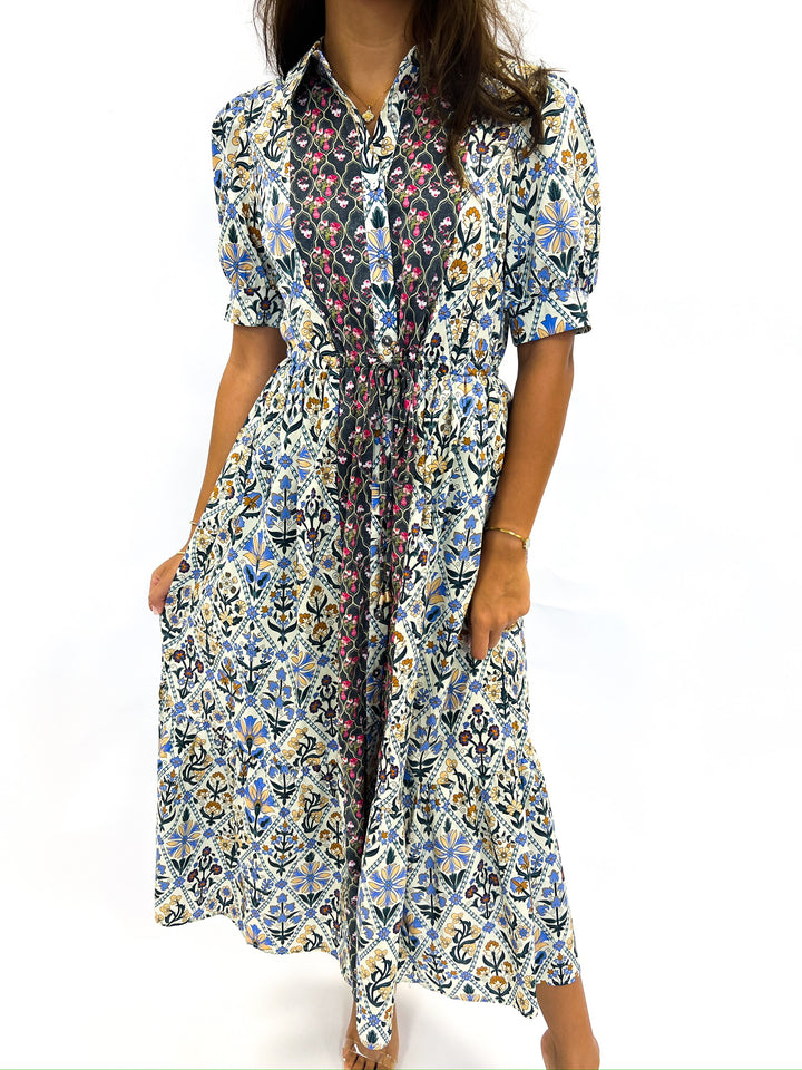 Mixed Charcoal Blue Print Midi Dress