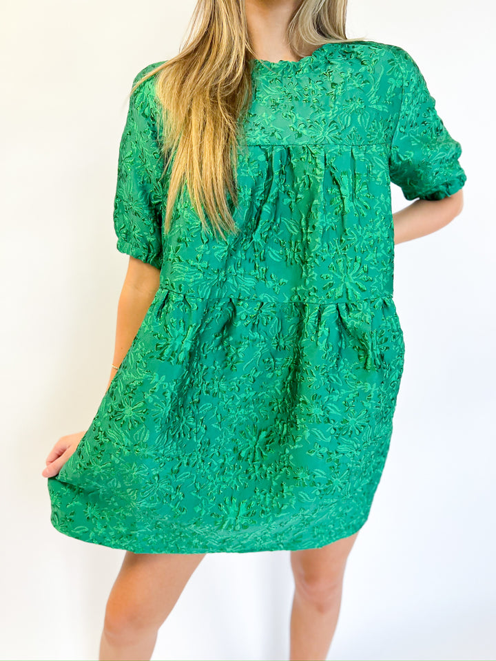 Emerald Jacquard Tiered Dress