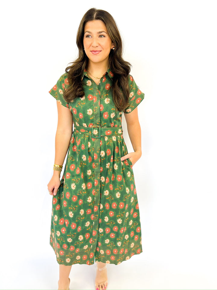 Fall Flower Print Collar Midi Dress