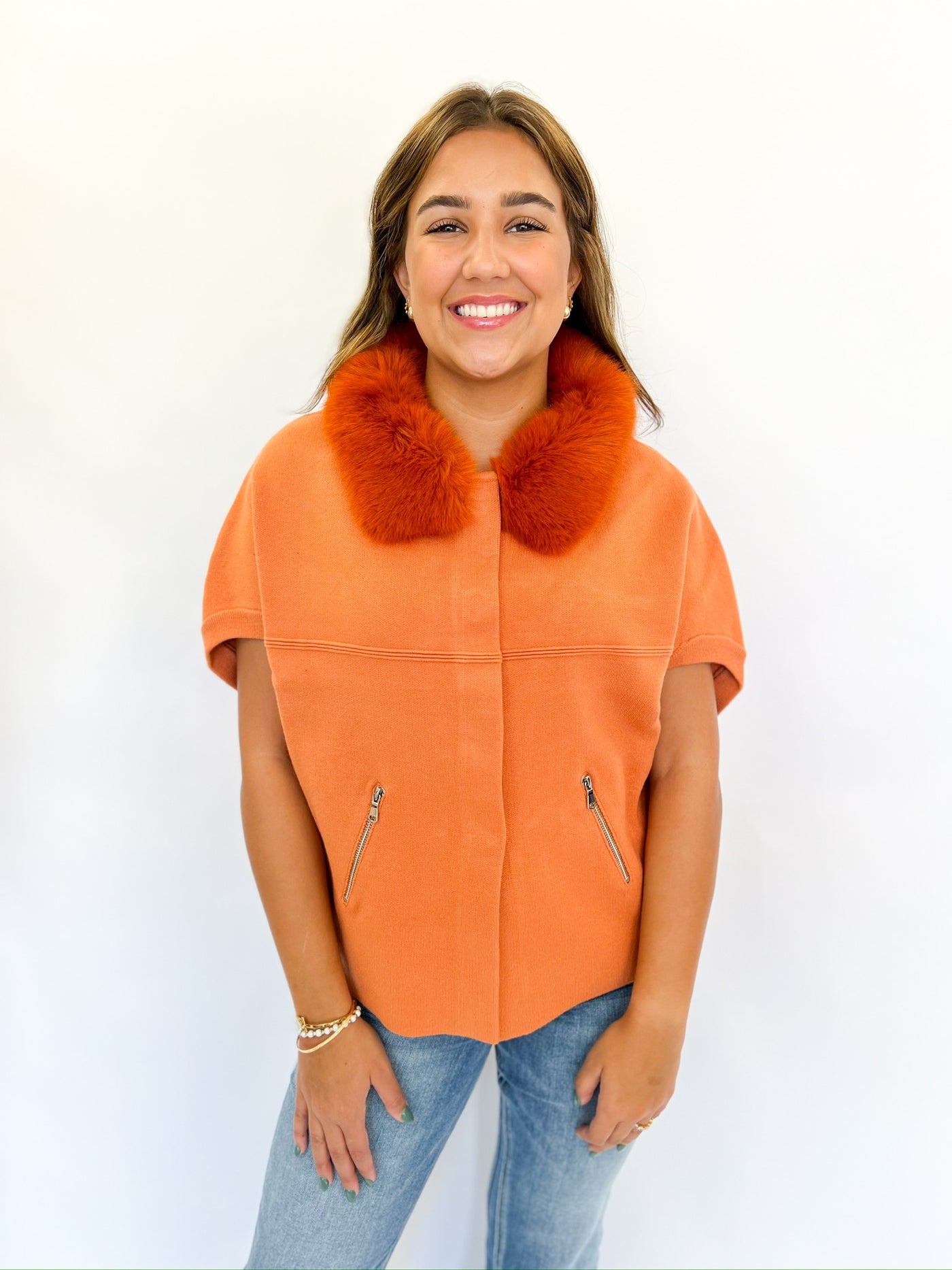 Burnt Orange Faux Fur Trim Cardigan