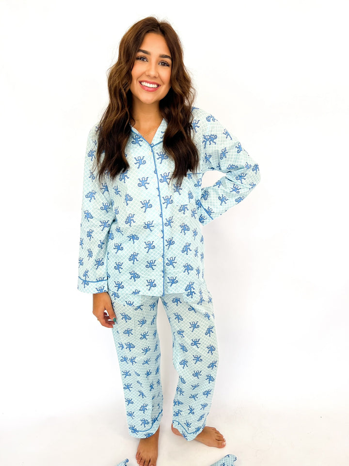 Blue Happy Monkey Pajama Set