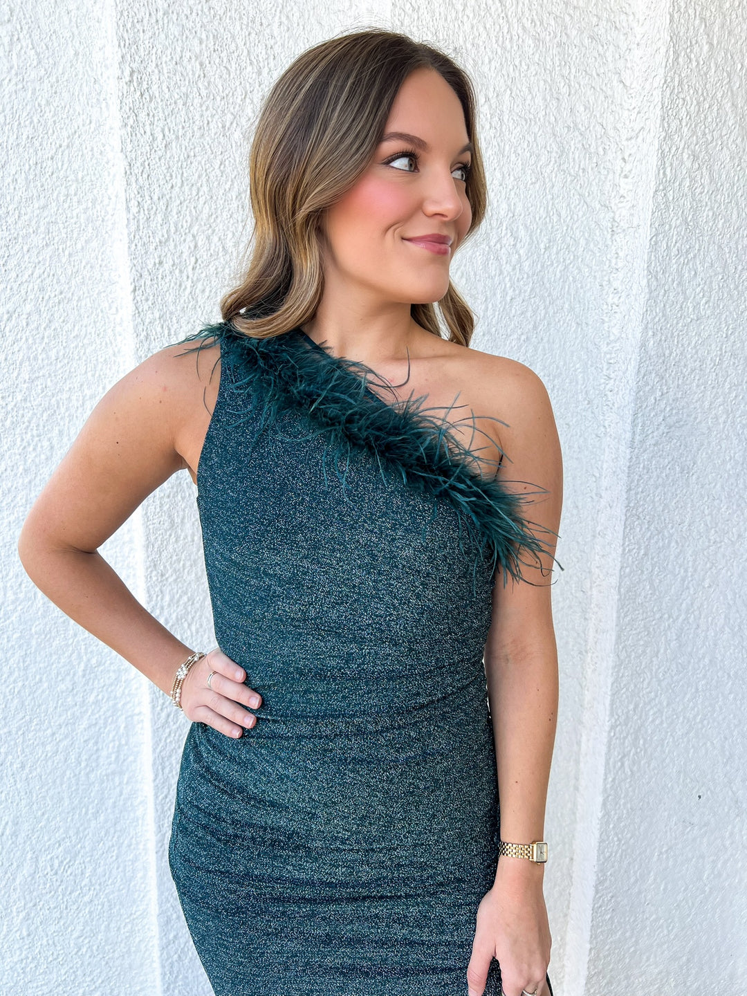 Teal Sandrine Feathered Dress