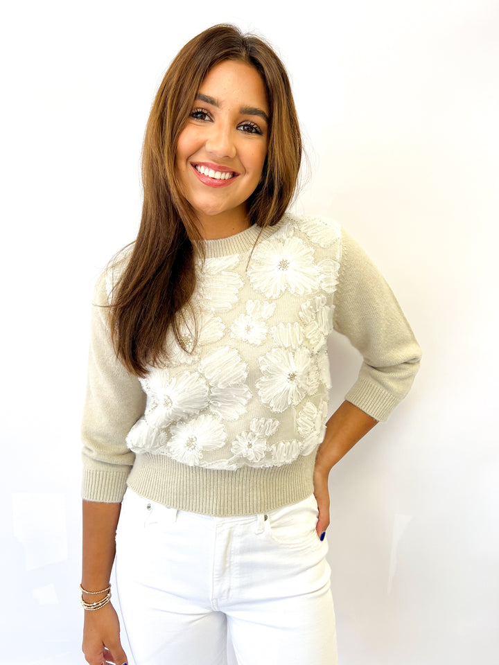 Beige Elegance Flower Sweater Top