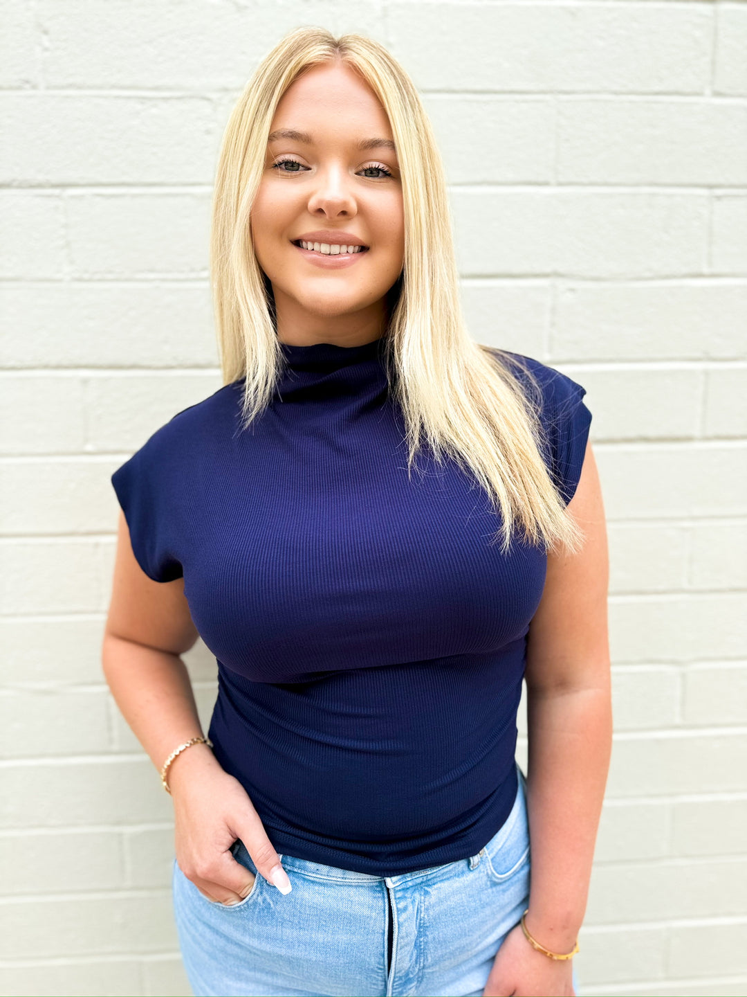 Navy Zoe Mock Neck Top