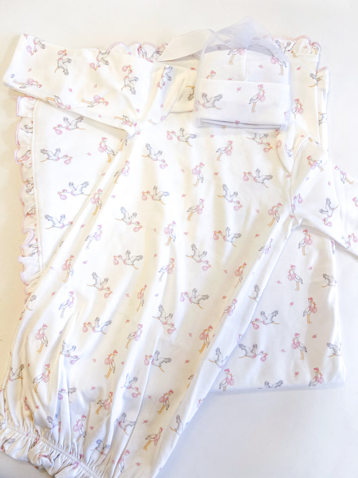 Girl Tiny Storks Gown & Hat Set