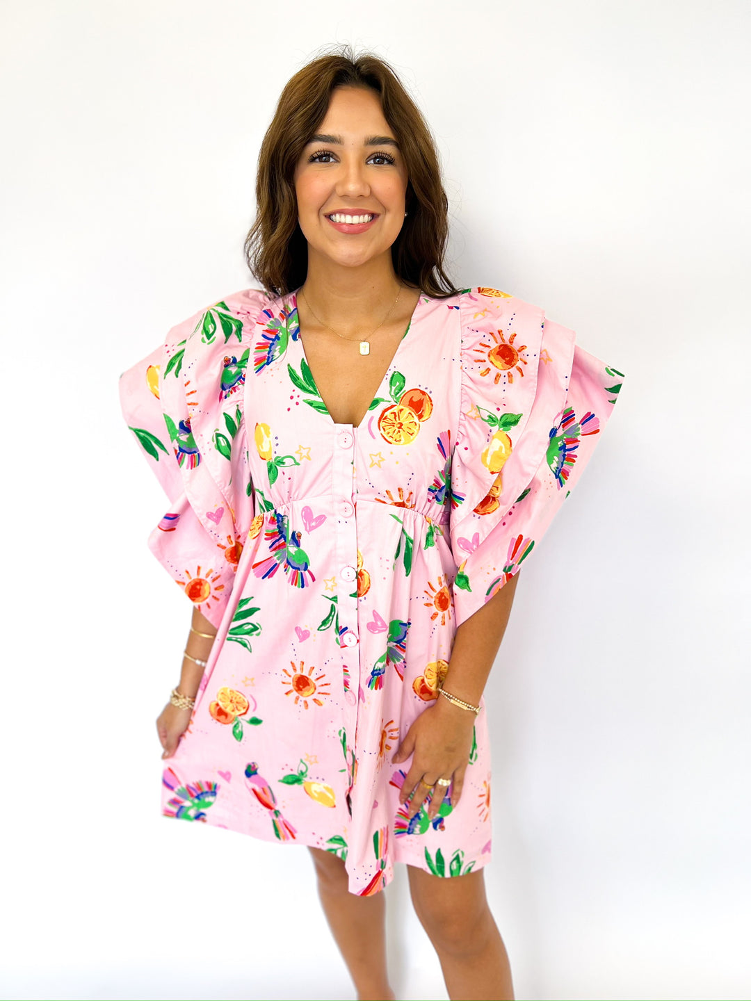 Toucan Fruit VNeck Ruffle Dress