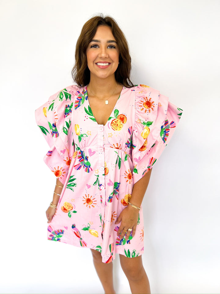 Toucan Fruit VNeck Ruffle Dress