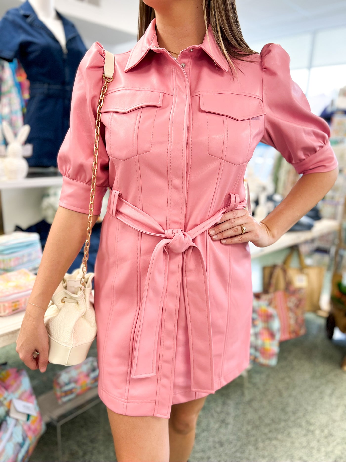 Pink Belted Leather Dress