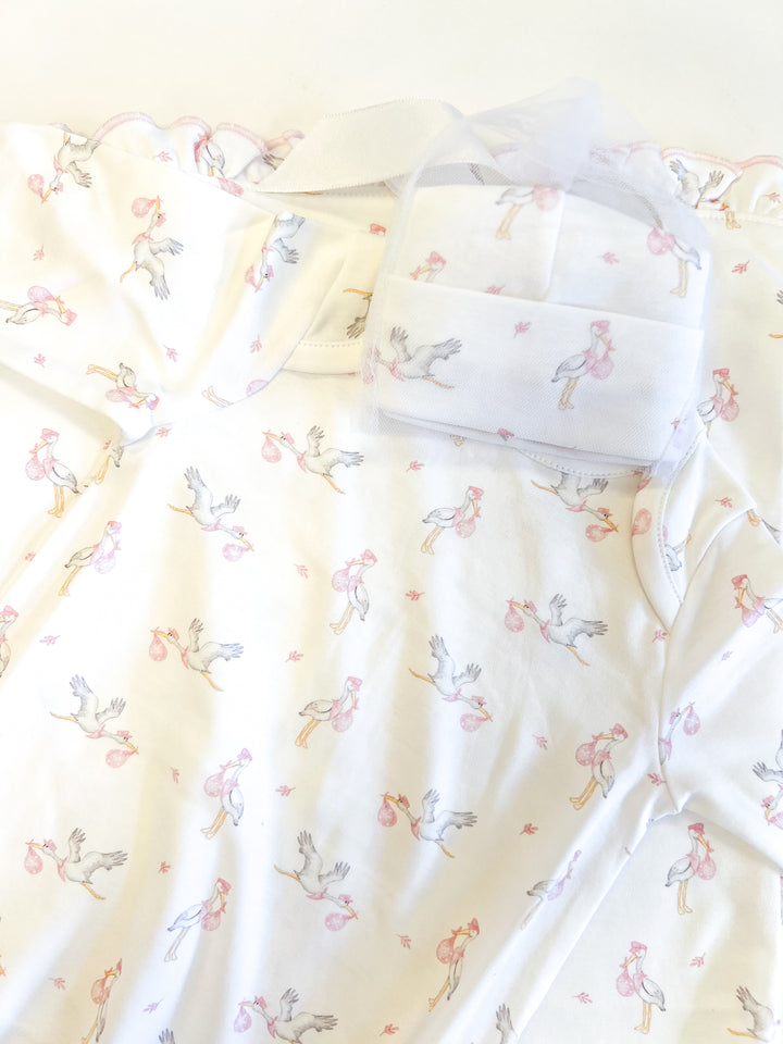 Girl Tiny Storks Gown & Hat Set