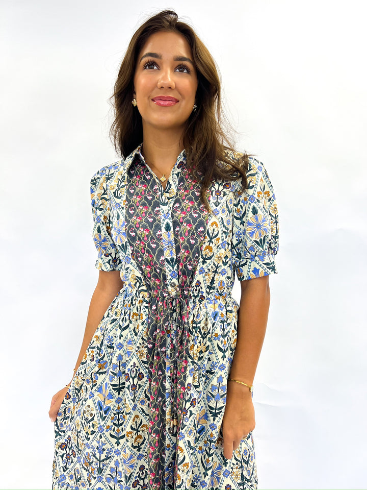 Mixed Charcoal Blue Print Midi Dress