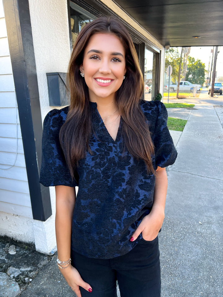 Navy Velvet Jacquard Top