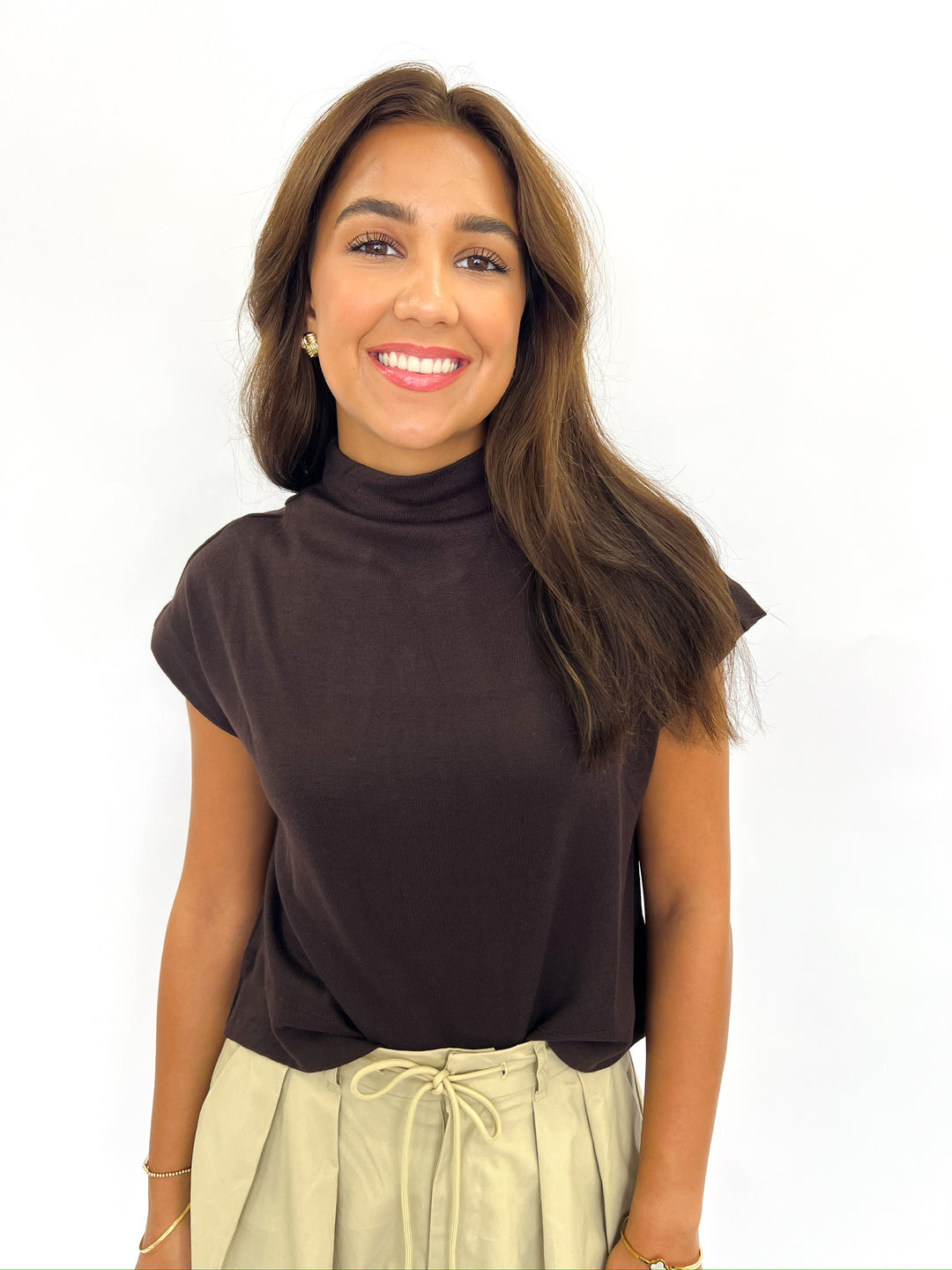 Brown Knit High Neck Top
