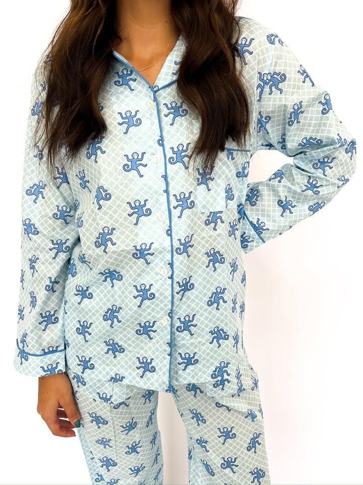 Blue Happy Monkey Pajama Set