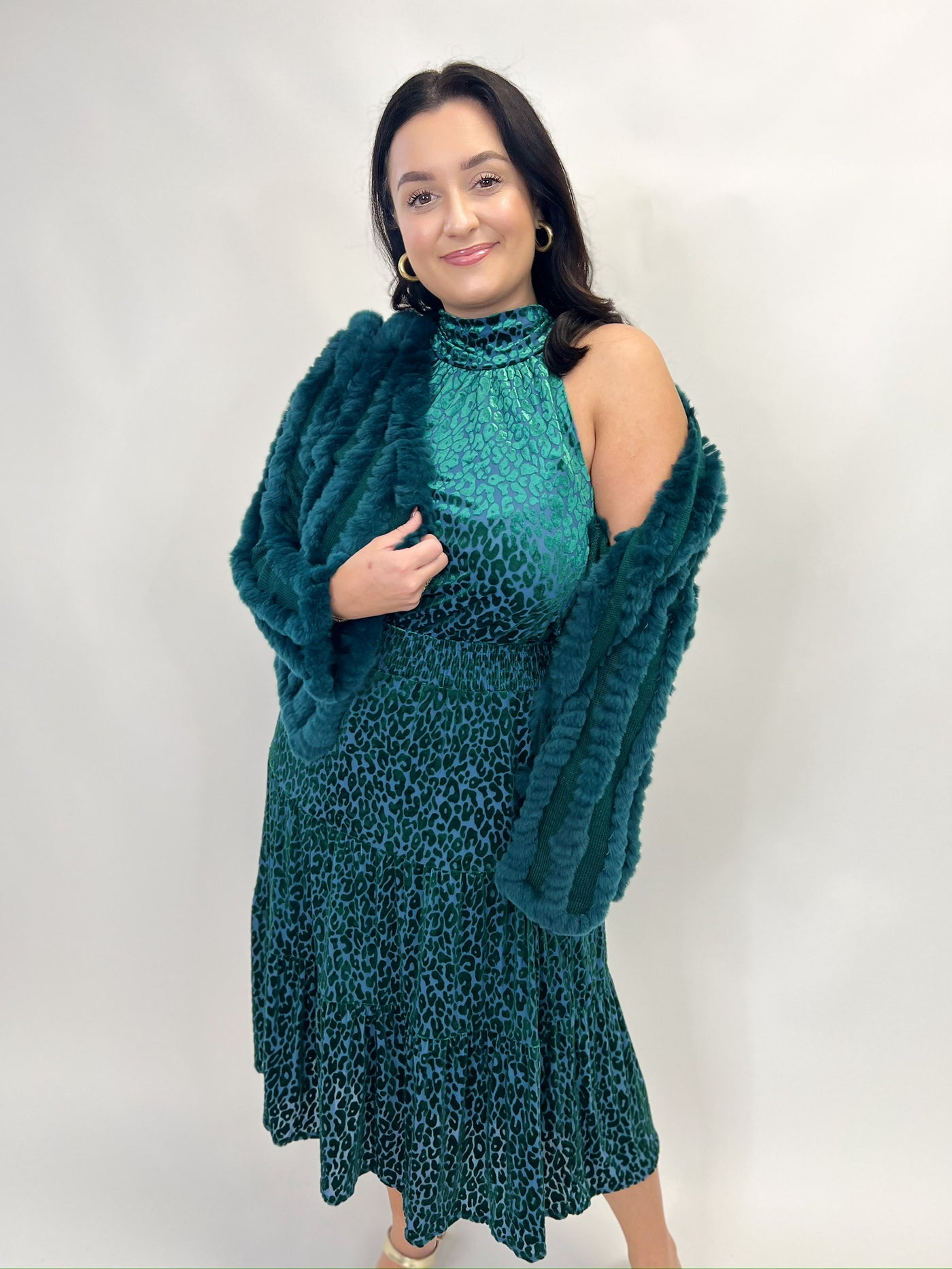 Teal Leopard Print Velvet Midi Dress