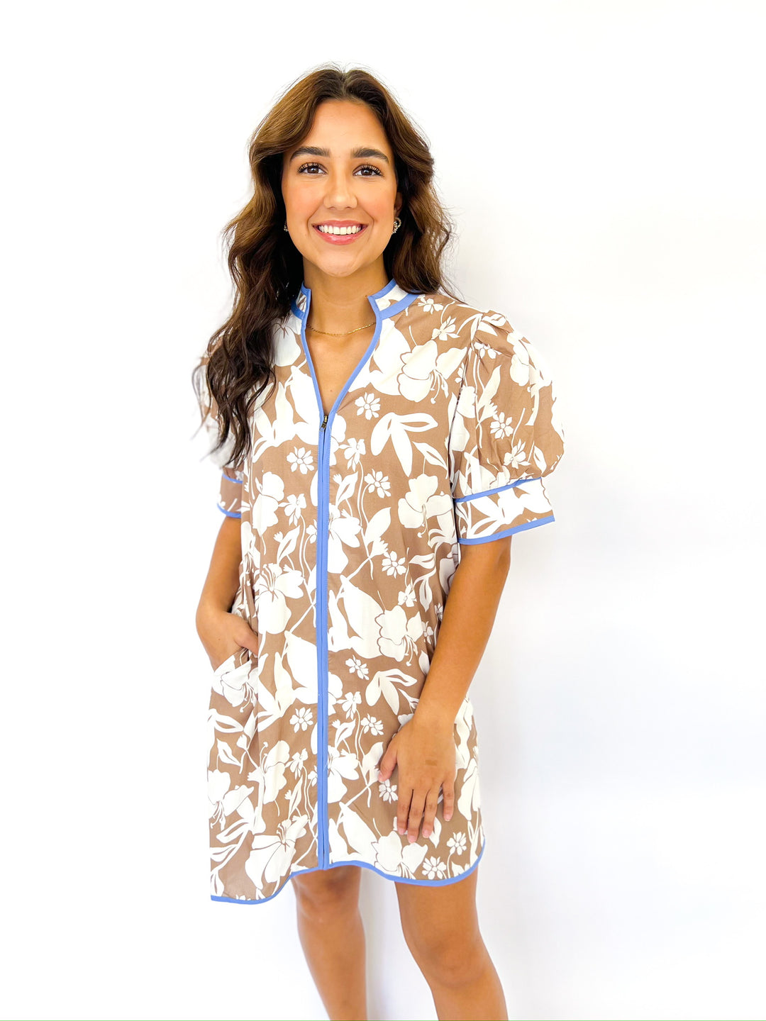 Mocha Flower Print Zip Dress