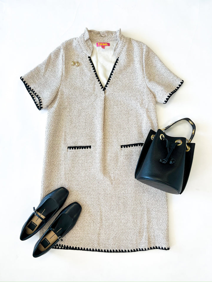 Black + Grey Tweed Pocketed Dress