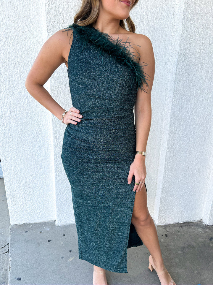 Teal Sandrine Feathered Dress